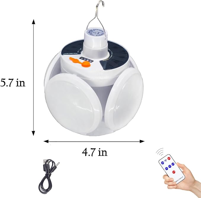 [4000mah] Folding Solar Camping Lights Rechargeable Lantern Waterproof Hanging Tent Collapsible Lamp Remote Control Blub LED USB Foldable Portable for Home Indoor Outdoor Emergency Power Outage 1 Pack