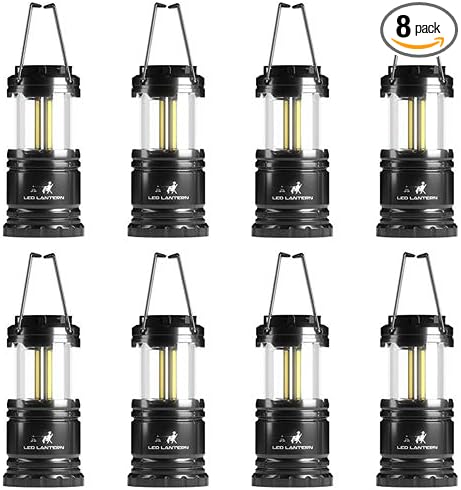 MalloMe LED Camping COB Lantern Flashlights 8 Pack - Super Bright - 240 Lumen Portable Outdoor Lights - AA Batteries Required, Not Included (Black, Collapsible)