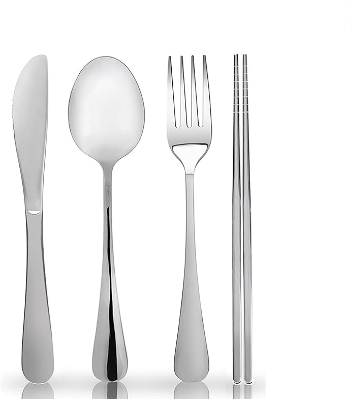 32 Pieces for 8 Persons Chopsticks and Forks Set Silverware Set Kitchen Utensils Set Cutlery Set Flatware Set Dishwasher Safe Mirror Effect for Picnic Camping Barbecue, Silver