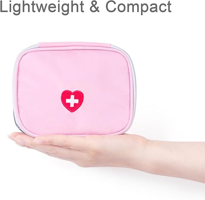 Portable Mini First Aid Pouch, Empty Travel Medicine Bag Double Zippers Handy Pills Pocket for Travel Home, Small Size (Pink)