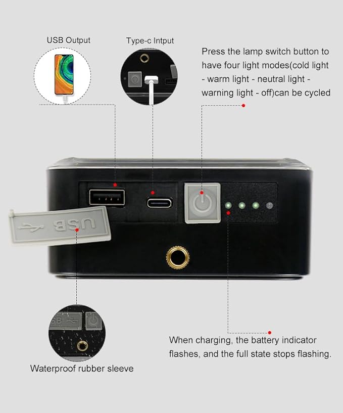 2 Pcs Portable LED Camping Light, USB Charging, Rechargeable, Black, 500 Lumen, Waterproof, Modern Style, Outdoor Use