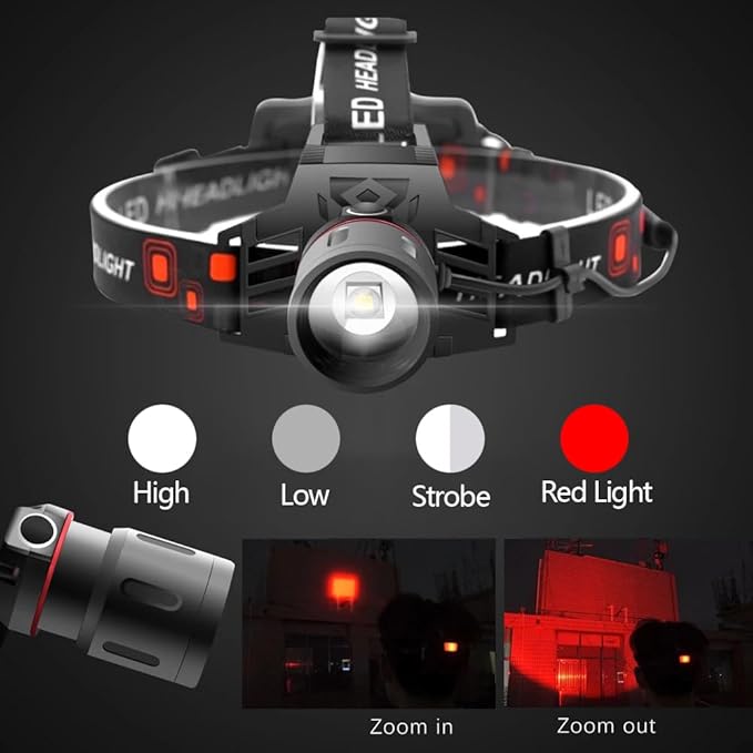 WINDFIRE Rechargeable Headlamp White Red LED Hunting Headlamps Super Bright 4 Modes 90° Adjustable Zoomable Head Lamp for Running Camping Hiking Fishing Night Vision Astronomy