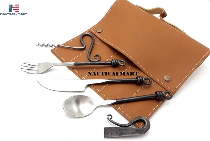Nautical-Mart Medieval Five-Piece Cutlery Set (Hand Forged Dinning Set, Carbon Steel, 5 Pieces, 1 Set, Vintage Style)