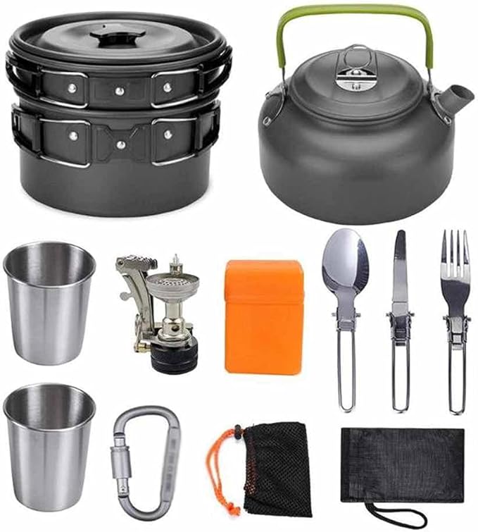 Camping Cookware Set Picnic Cooking Pots Set Outdoor Hiking BBQ Tableware with Pan Kettle Stove Set Camping Tourism Supplies Kit(A)