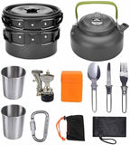 Camping Cookware Set Picnic Cooking Pots Set Outdoor Hiking BBQ Tableware with Pan Kettle Stove Set Camping Tourism Supplies Kit(A)
