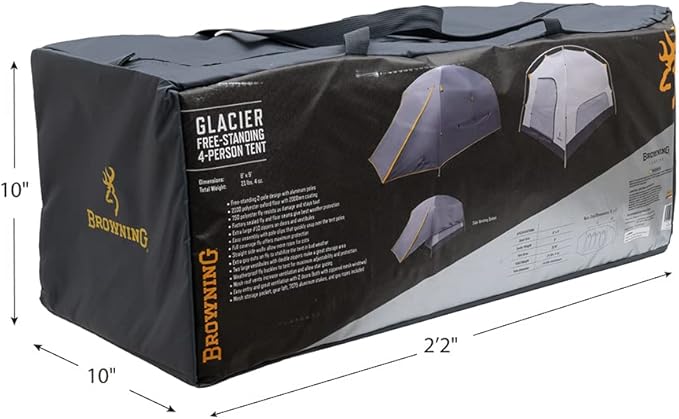 Browning Camping Glacier 4-Person Tent, Free-Standing Cabin Style with Full Coverage Fly