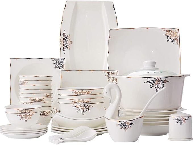 Ceramic Tableware Set with 50 Pieces, Bowl/Soup Pot/Spoon | Bone China Tableware Set, European Porcelain Combination Set