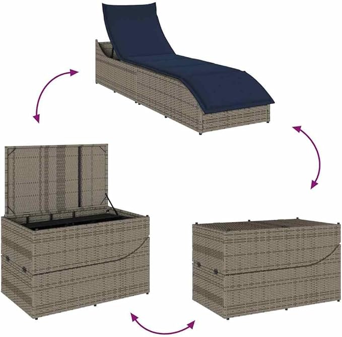 Folding Sun Lounger with Cushion and Storage Gray Poly Rattanrecliner Tanning Chair Camping Chairs Patio Suitable for Garden Courtyard
