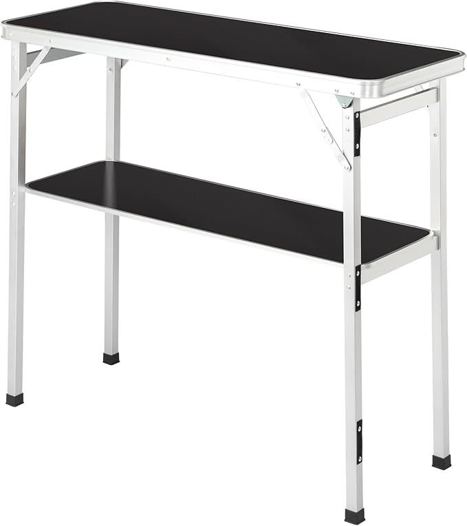 Outdoor Folding Camping Table Portable Bar Tables, Tradeshow Podium Table for Indoor, Outdoor, Party, Picnic, Exhibition, Includes Carrying Case, Storage Shelf and Black Skirt (Black)
