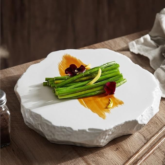 Camping Plates White Special-Shaped Ceramic Stone Pattern Western Dinner Plate Flat Plate Tray Dish Plate Hotel Restaurant Hotel Cold Dish Tableware Decorative Plate(B)
