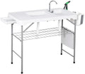 GarveeLife Folding Fish Cleaning Table, Portable Camping Double Sinks Table w/2 Dual Water Basins, Faucet Drainage Hose & Sprayer, Outdoor Fish Fillet Cleaning Station w/Storage Box