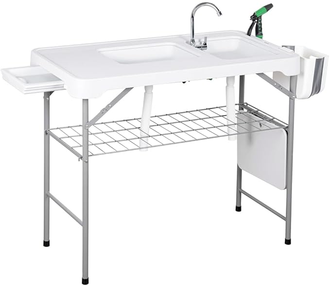 GarveeLife Folding Fish Cleaning Table, Portable Camping Double Sinks Table w/2 Dual Water Basins, Faucet Drainage Hose & Sprayer, Outdoor Fish Fillet Cleaning Station w/Storage Box