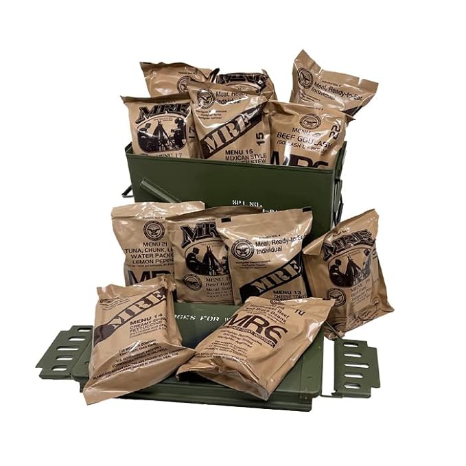 Genuine US Military Meals Ready to Eat (MRE 1 random case of 12 complete meals) Packed in a Grade 1 previously issued U.S. Military M592 30MM Ammo Can – | Emergency Survival Food Supply | Waterproof Storage for Camping, Hunting & Disaster Preparedness