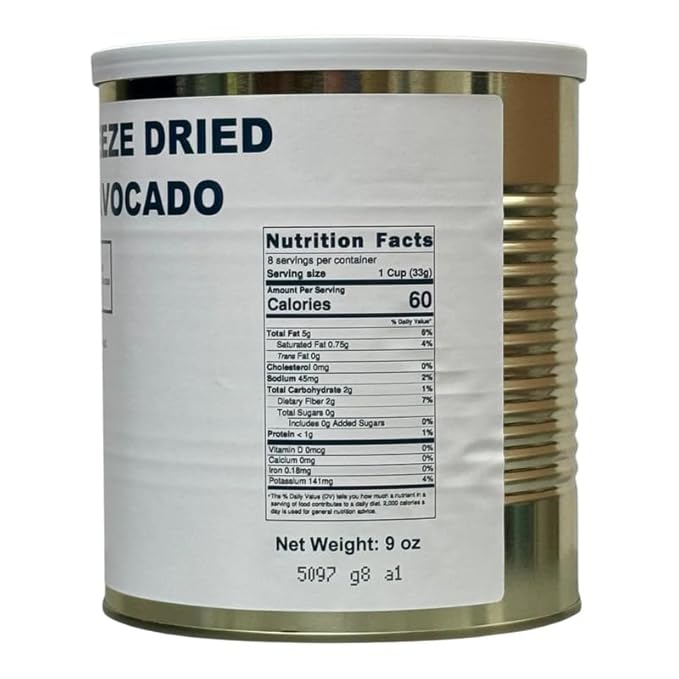 Military Surplus Freeze Dried Avocado 9 Oz Premium Long Term Storage High Nutrient Emergency Food Lightweight & Portable for Survival, Camping & Hiking 25+ Year Shelf Life Pack of 1