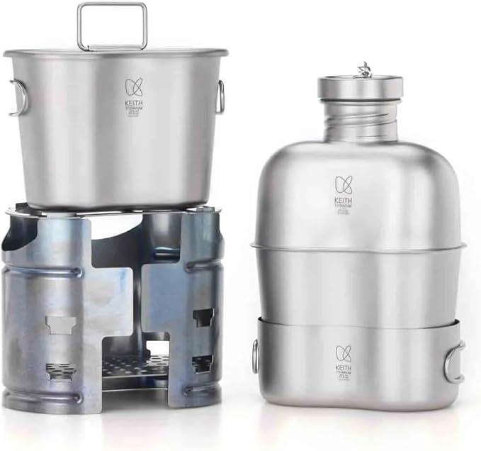 Keith Titanium Ti3061 Pro Plastic-Free Canteen Mess Kit with Stove – Grade 1 Titanium Cookset, 37 oz Bottle, 24 oz & 13.5 oz Cups, Custom MOLLE Field Carry Case with Premium Zippered Pouches