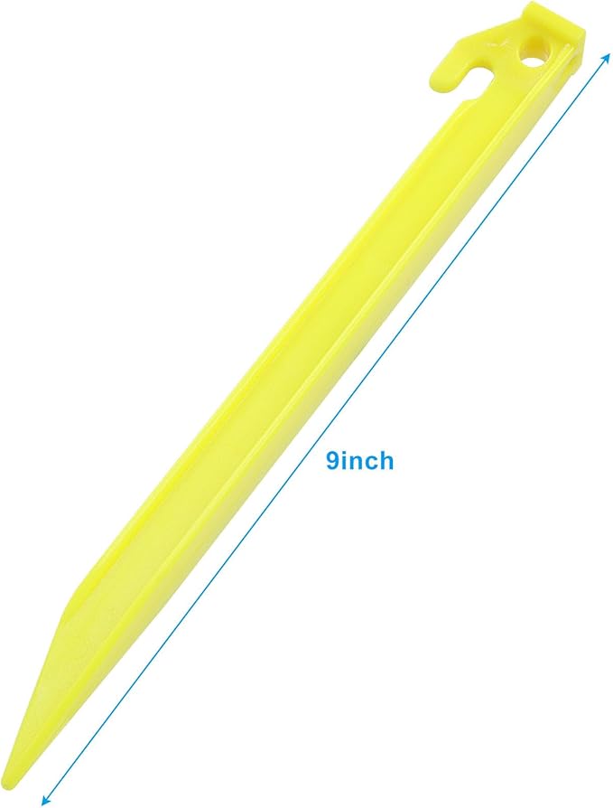 Hordion 12 Pack Plastic Tent Stakes, 9 Inch Heavy Duty Beach Tent Pegs Canopy Stakes for Camping Backpacking Gardening, Yellow
