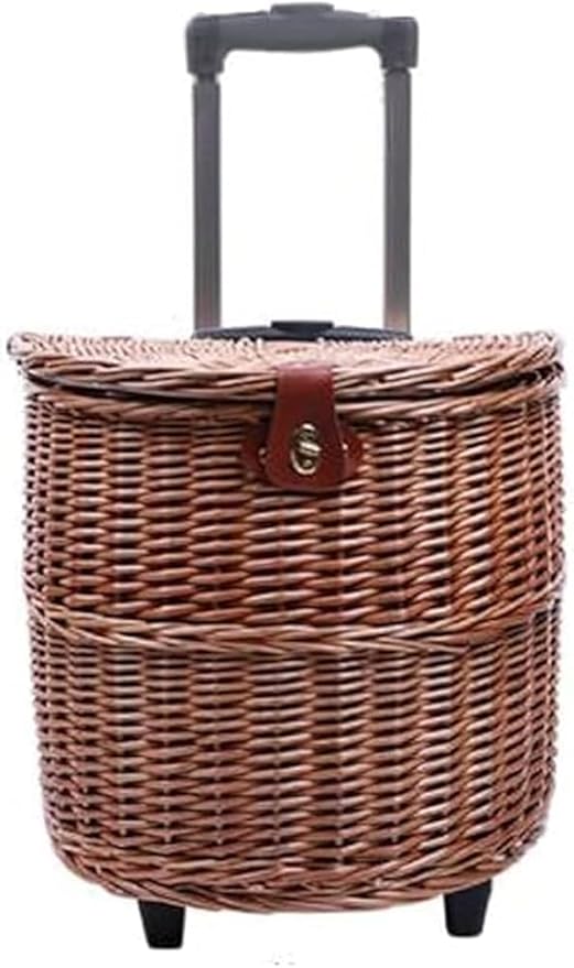 Outdoor Camping Picnic Basket Multifunctional Pull Rod Rattan Roller Basket with Tableware for Convenient Picnics