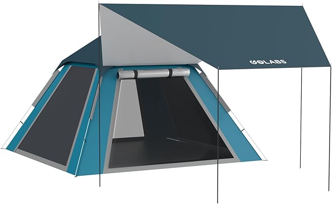 Golabs 3 Person Camping Tent w/ 9.5x8.5 ft Canopy, 3-Minute Setup by Pre-Attached Pole, PU1500mm Waterproof, 4 Side Mesh Tent Top & Door & Ventilation, Portable Family Tent w/Carry Bag & Pocket & Hook