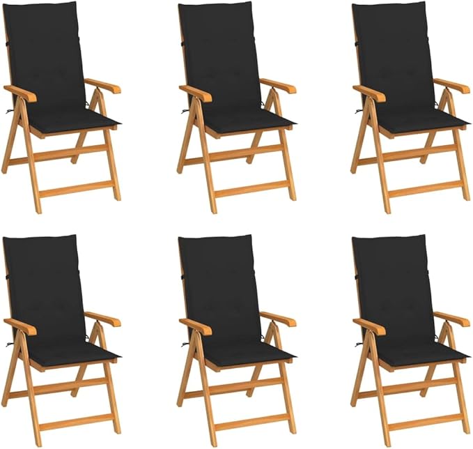 Patio Chairs 6 pcs,Outdoor Folding Chair,Lounge Chair,Portable Camping Chair,Tanning Chairs for Outside,Garden Chair,for Outdoor Patio, Campsite, or Yard, with Black Cushions Solid Teak Wood