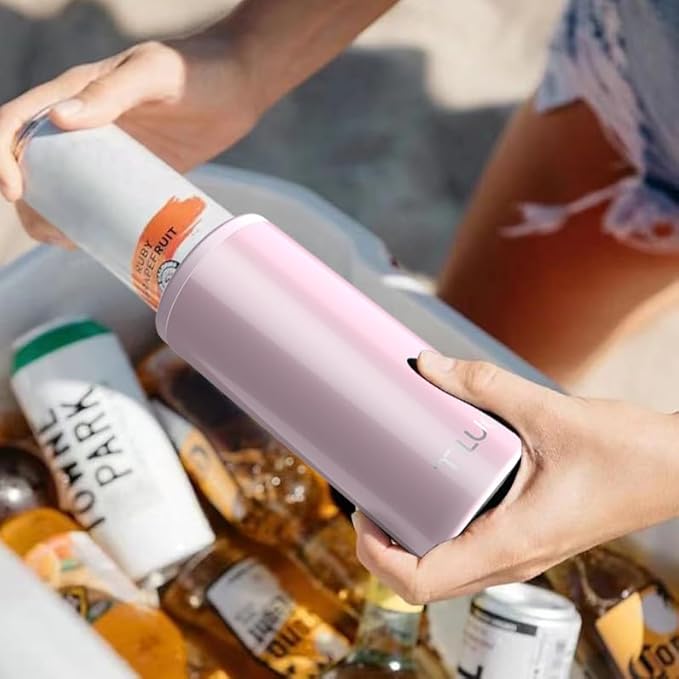 TILUCK Skinny Can Cooler for Slim Beer & Hard Seltzer, Stainless Steel, Doucle-Walled Stainless Steel Insulated Slim Cans, Standard 12 oz (Glitter Blush)