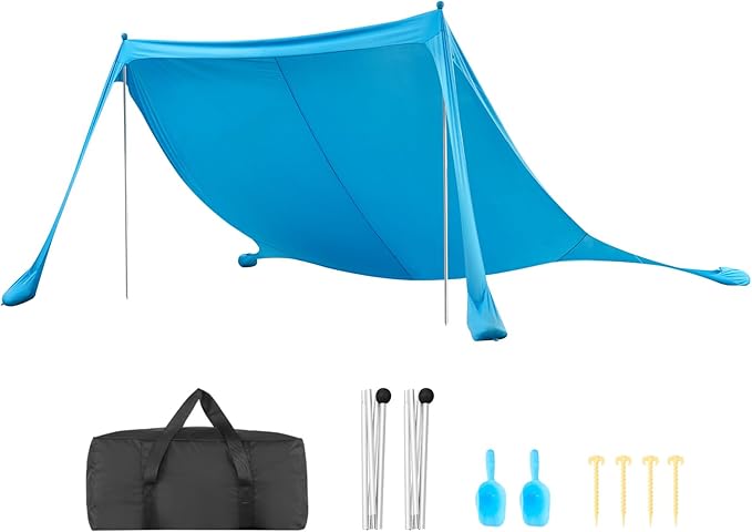 VEVOR Beach Tent Sun Shelter, UPF50+ Sun Protection, 6.6 ft Tall, 11 x 11 ft, Easy Pop Up Beach Canopy with Sandbags, Stability Poles, Sand Shovels, Portable Shade for Family Outings, Camping, Fishing