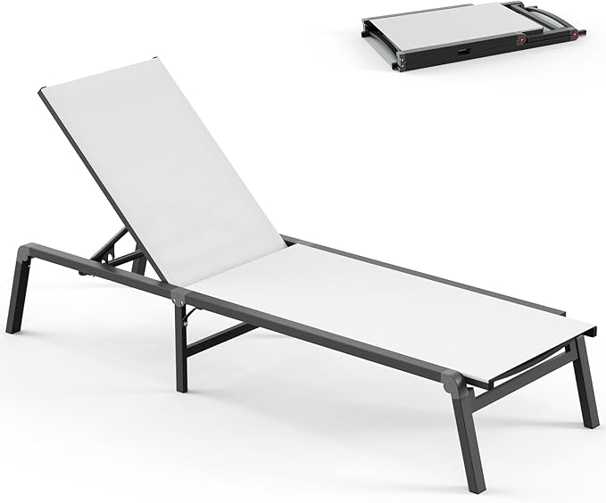Foldable Pool Lounge Chairs, Aluminum Chaise Lounge Outdoor with 5 Positions Recliner - Free Assembly - Patio Lounge Chair for Poolside, Beach (White 1Pack)