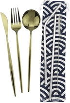 6/24/36/48/60/72 Pieces Champagne Gold Stainless Steel Travel Camping Portable Tableware Set Straw Table Knife Spoon Fork Cleaning Brush Storage Bag(Champagne Gold,1Set-6Pcs)