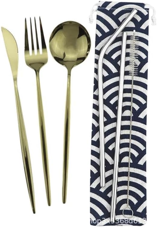 6/24/36/48/60/72 Pieces Champagne Gold Stainless Steel Travel Camping Portable Tableware Set Straw Table Knife Spoon Fork Cleaning Brush Storage Bag(Champagne Gold,8Set-48Pcs)