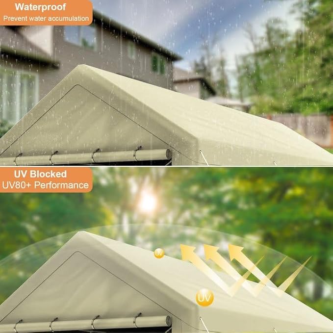 Carport 10x20 Ft Heavy Duty Canopy Steel Canopy Storage Shed,Portable Garage Party Tent,Portable Garage with Removable Sidewalls & Doors All-Season Tarp for Carport (Beige)