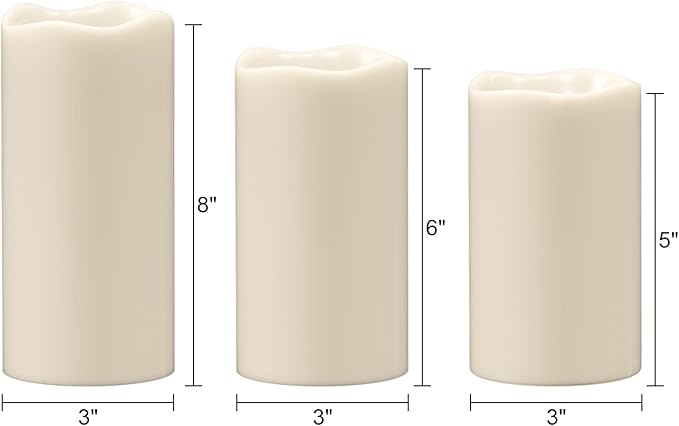 Wondise Solar Candles Outdoor Waterproof IP65 Rechargeable Solar Candles, Dusk to Dawn, Outdoor Pillar Candle for Camping Patio Porch Lanterns(3 Pack, 3" D x 5" H x 6" Hx 8" H)