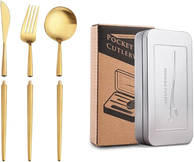 3 Pcs Portable Black Flatware Set for 1 Forks Spoons and Knives Gold Silverware Set Utensils Tableware Light Travel Outdoors with Box