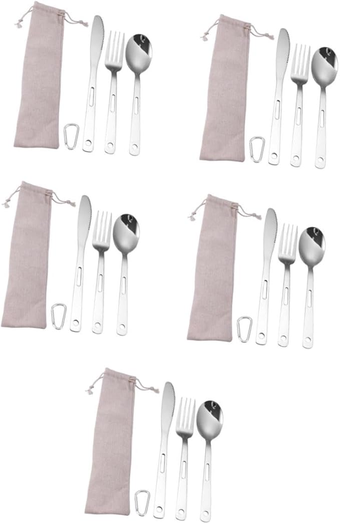 Yardwe 5sets Portable Camping Cutlery Stainless Steel Utensils Fork Spoon and for Bbq Picnic and Outdoor Cooking Compact and Easy to Carry Tableware