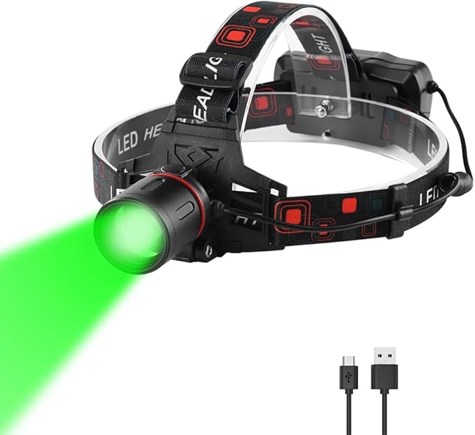 Headlamp Green Light for Hunting Coon Coyotes Hog Predator, PROFORUS 1000 Lumens XML-T6 Headlamp Green LED Rechargeable & Zoomable Green Head Light Waterproof 3 Modes for Night Vision and Hunting