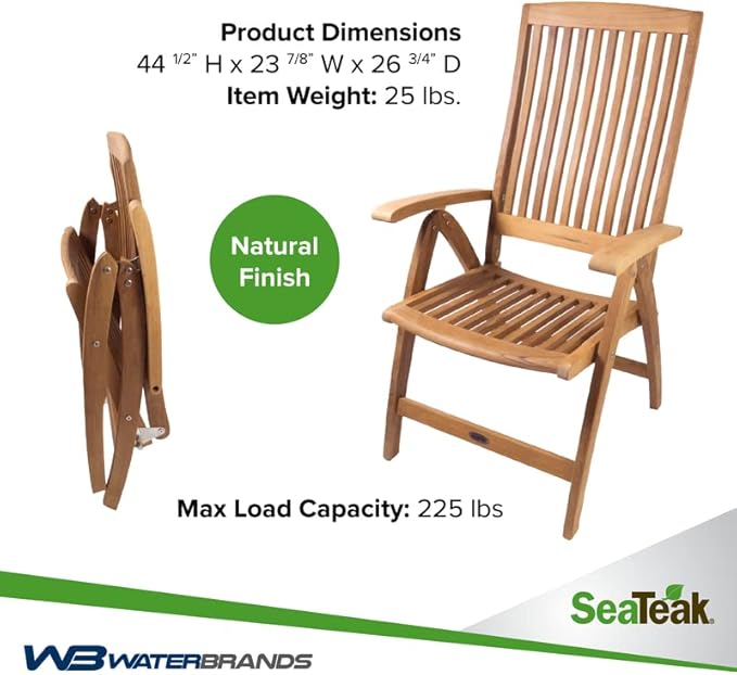 SeaTeak Weatherly Teak Folding Chair - 6-Position Foldable Chair - Weatherproof, Portable Teak Armchair for Boat Deck, Patio, Camping, Outdoors