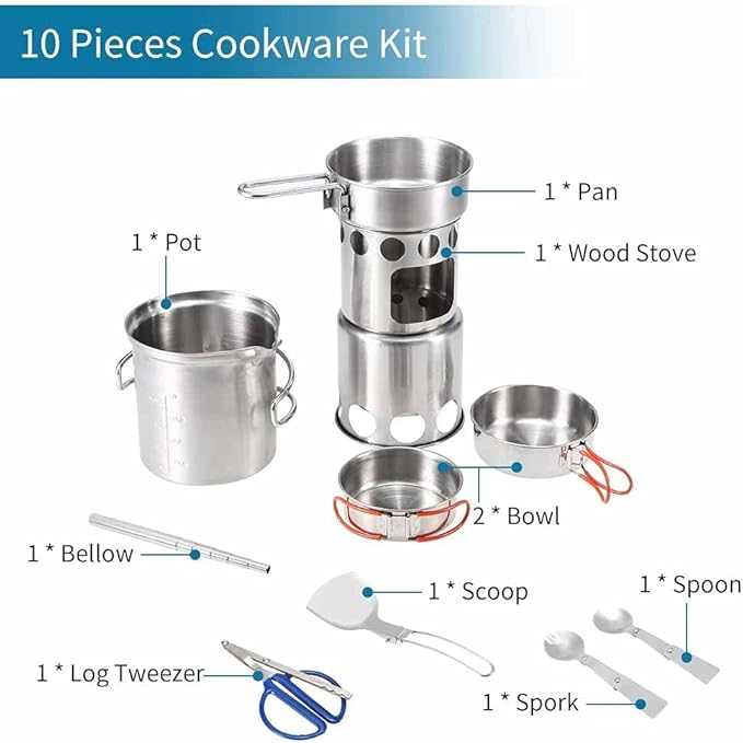 10Pcs Camping Cookware Mess Kit Portable Stainless Steel Folding Wood Stove Pot Pan Set Bowls Spoon Tableware Cooking Set