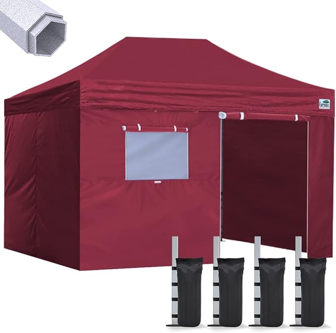 Eurmax USA Premium 10'x15' Pop-up Canopy Tent Party Tent Commercial Instant Canopies Shelter with Removable Sidewalls with Wheeled Carry Bag Bonus 4 Sand Bags(Burgundy)