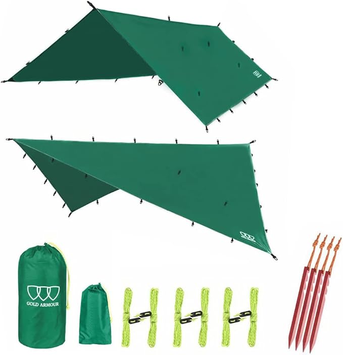Gold Armour Rainfly Tarp Hammock, Premium 14.7ft/12ft/10ft/8ft Rain Fly Cover, Waterproof Ultralight Camping Shelter Canopy, Survival Equipment Gear Camping Tent Accessories (Green 14.7ft x 12ft)