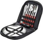 Silverware Flatware Cutlery Set, Outdoor Camping Two-Person Tableware Set 304 Stainless Steel Wooden Handle Knife, Fork, Spoon, Steak Clip, Bottle Opener,Red Silver-10Set
