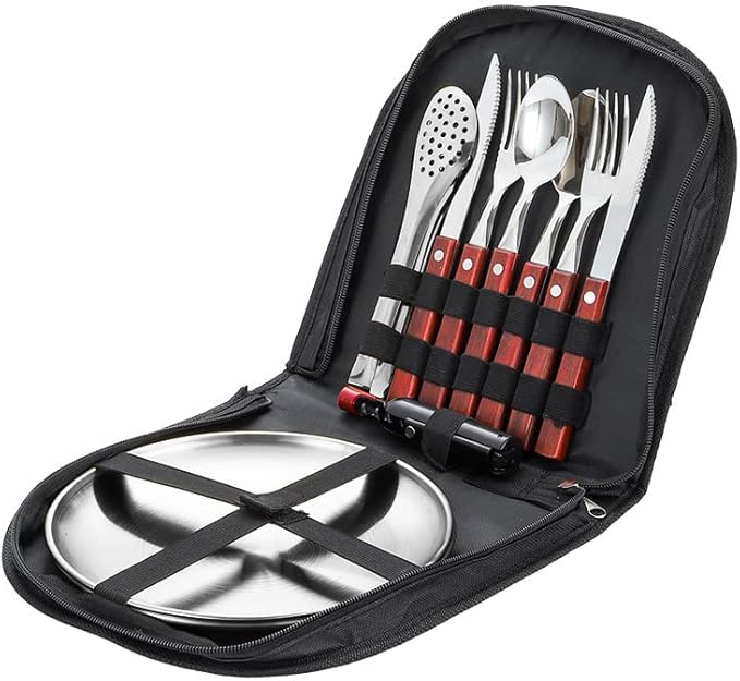 Silverware Flatware Cutlery Set, Outdoor Camping Two-Person Tableware Set 304 Stainless Steel Wooden Handle Knife, Fork, Spoon, Steak Clip, Bottle Opener,Red Silver-10Set