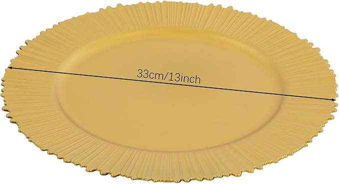 CNCEST 100 Pcs Antique Charger Plates Bulk 13 Inch Plastic Embossed Plate Chargers Round Floral Plates for Wedding Decorative Chargers for Table Dinner Kitchen Party Decoration(Gold,100PCS)