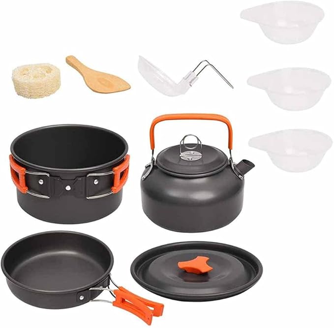 Camping Cookware Kit Outdoor Aluminum Cooking Set Water Kettle Pan Pot Travelling Hiking Picnic BBQ Tableware Equipment (Color : B) (A)