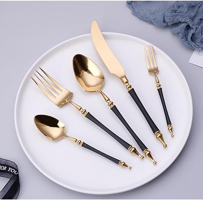 Cutlery Set Pieces Service Stainless Steel Titanium Flatware,16-piece Flatware Set, 4 Servings Tableware, Stainless Steel Cutlery, Including Knife, Fork and Spoon Teaspoon with Gold Wooden