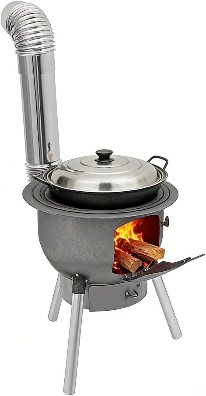 Wood Burning Stove Portable Camping Rocket Stove for Outdoor Cooking Removable Iron Firewood Stove with Grill Rack Charcoal Grill Tent Stoves for Backpacking Hiking (17in-3 Wok Rings-2)