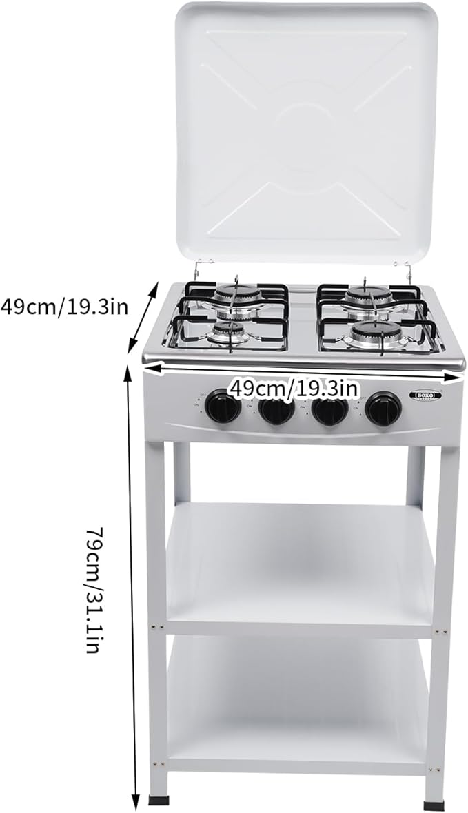 Gas Stove 4 Burner, Portable Natural Gas Stove Outdoor Camping BBQ Stove Gas Cooker with 2 Tier Storage Rack, for RV, Apartment, Outdoor Cooking (White, 4-Burner)