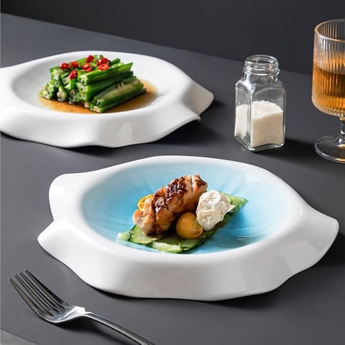 Camping Plates Western Food Plate Simple Irregular Ceramic Household Underglaze Color Round Dish Commercial Hotel Restaurant Tableware Decorative Plate(A,Medium)
