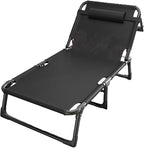 Oxford Cloth Camping Cot, Durable Steel Frame Folding Cot, Portable Folding Bed with Pillow, 4-Position Folding Chaise Lounge Chair