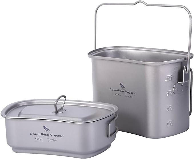 Boundless Voyage Titanium Camping Cookware Set 1500ml & 600ml Military Mess Kit with Lid Ultralight Backpacking Pot & Cup with Folding Handles for Hiking, Travel Portable Outdoor Cooking Kit Ti2059C