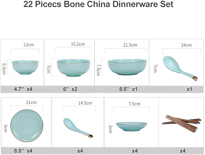 Dinnerware Sets Dish Set Bone China Porcelain dinnerware Set, European-Style Phnom Penh Bone China Tableware Set Bowls and Plates Dinner Set Service for 4-10 (22pieces)