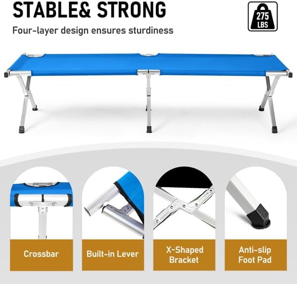 Portable Folding Camping Cot, Heavy Duty Sleeping Bed with Carrying Bag, 610D Oxford Cloth & Lightweight Aluminum Frame, 275lbs Load, Outdoor Cot for Adults, Travel, Hiking, Office (Blue, 1 Pack)