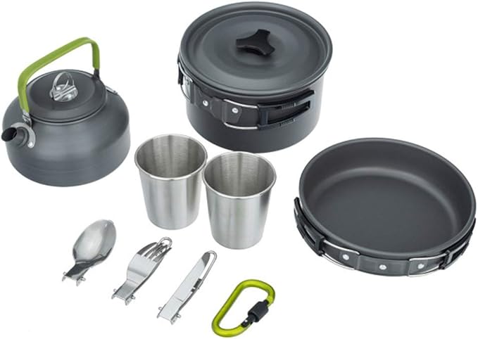Camping Cookware Set Lightweight Portable Camping Pan Kettle Cups Outdoor Spoon Fork Cutter Outdoor Tableware for Picnic Hiking (Color : Orange) (Black)